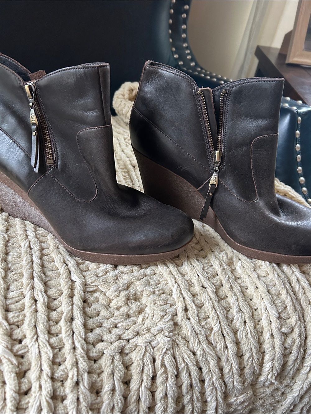 UGG Brown Leather Wedge Zip Ankle Booties